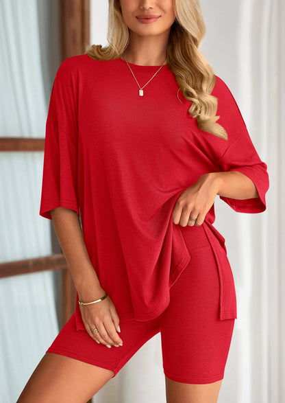 PRETTYGARDEN Women's Two Piece Lounge Set Summer Casual Oversized Shirts Biker Shorts Matching Airport Travel Outfit