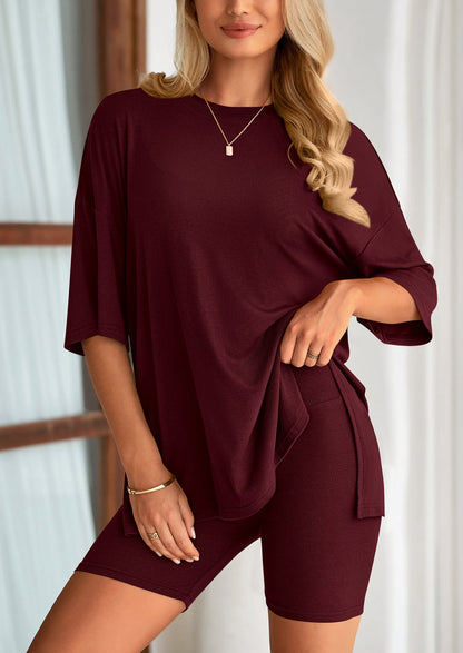 PRETTYGARDEN Women's Two Piece Lounge Set Summer Casual Oversized Shirts Biker Shorts Matching Airport Travel Outfit