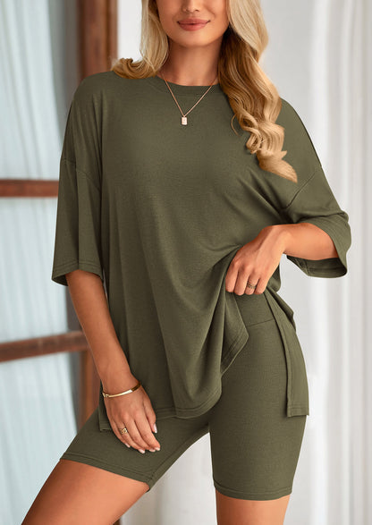 PRETTYGARDEN Women's Two Piece Lounge Set Summer Casual Oversized Shirts Biker Shorts Matching Airport Travel Outfit