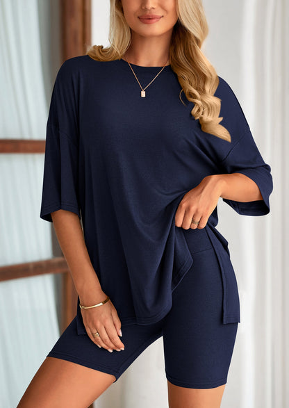 PRETTYGARDEN Women's Two Piece Lounge Set Summer Casual Oversized Shirts Biker Shorts Matching Airport Travel Outfit