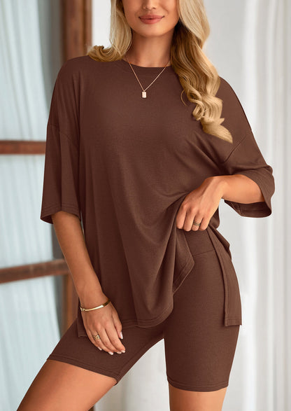 PRETTYGARDEN Women's Two Piece Lounge Set Summer Casual Oversized Shirts Biker Shorts Matching Airport Travel Outfit