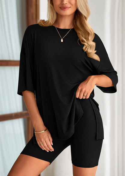 PRETTYGARDEN Women's Two Piece Lounge Set Summer Casual Oversized Shirts Biker Shorts Matching Airport Travel Outfit