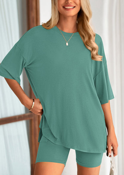 PRETTYGARDEN Women's Two Piece Lounge Set Summer Casual Oversized Shirts Biker Shorts Matching Airport Travel Outfit