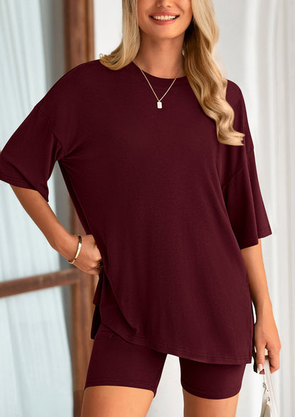 PRETTYGARDEN Women's Two Piece Lounge Set Summer Casual Oversized Shirts Biker Shorts Matching Airport Travel Outfit