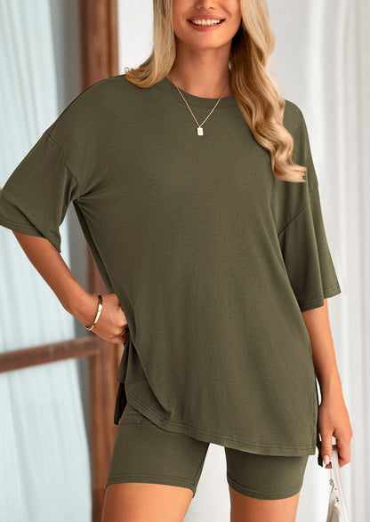 PRETTYGARDEN Women's Two Piece Lounge Set Summer Casual Oversized Shirts Biker Shorts Matching Airport Travel Outfit