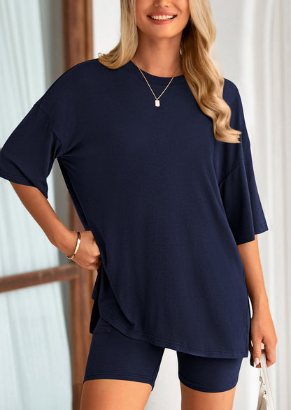 PRETTYGARDEN Women's Two Piece Lounge Set Summer Casual Oversized Shirts Biker Shorts Matching Airport Travel Outfit