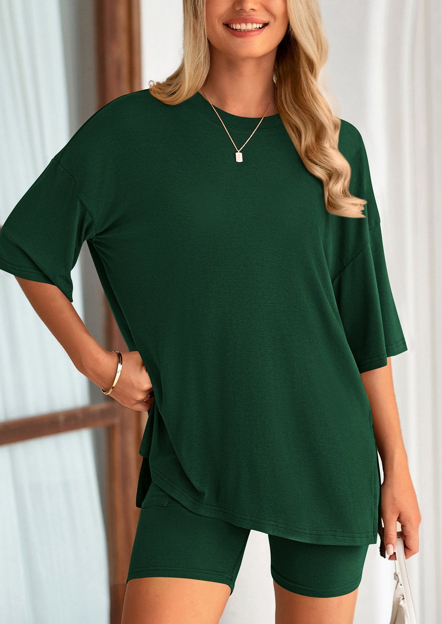 PRETTYGARDEN Women's Two Piece Lounge Set Summer Casual Oversized Shirts Biker Shorts Matching Airport Travel Outfit