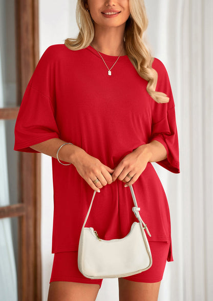PRETTYGARDEN Women's Two Piece Lounge Set Summer Casual Oversized Shirts Biker Shorts Matching Airport Travel Outfit