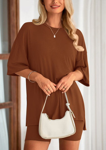 PRETTYGARDEN Women's Two Piece Lounge Set Summer Casual Oversized Shirts Biker Shorts Matching Airport Travel Outfit