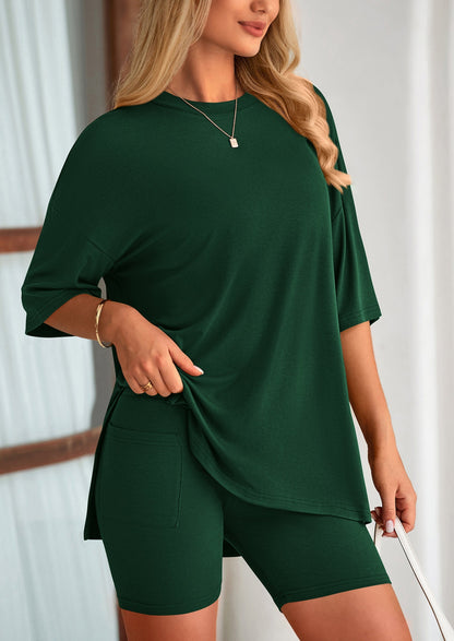 PRETTYGARDEN Women's Two Piece Lounge Set Summer Casual Oversized Shirts Biker Shorts Matching Airport Travel Outfit