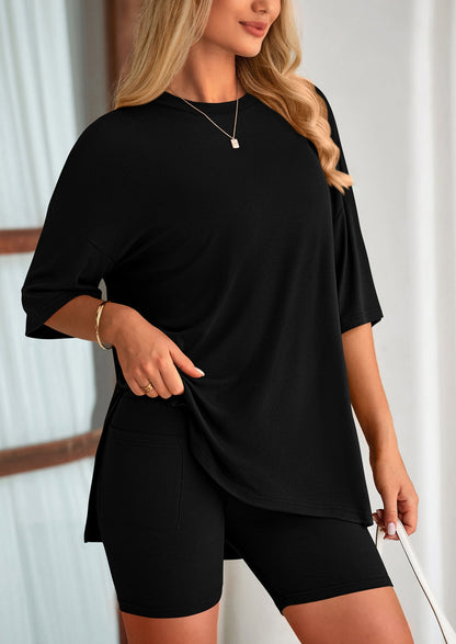 PRETTYGARDEN Women's Two Piece Lounge Set Summer Casual Oversized Shirts Biker Shorts Matching Airport Travel Outfit