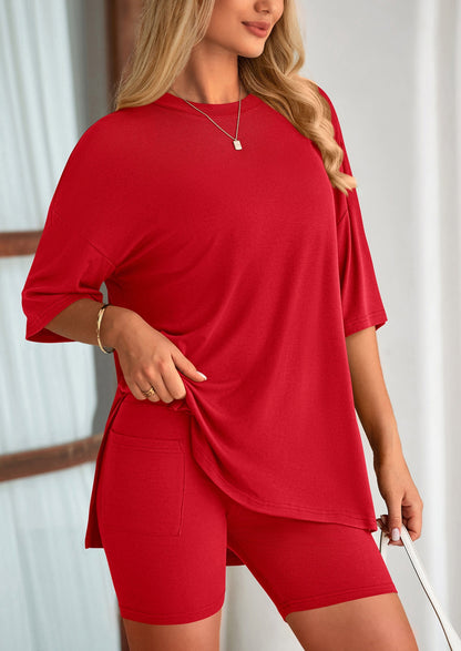 PRETTYGARDEN Women's Two Piece Lounge Set Summer Casual Oversized Shirts Biker Shorts Matching Airport Travel Outfit