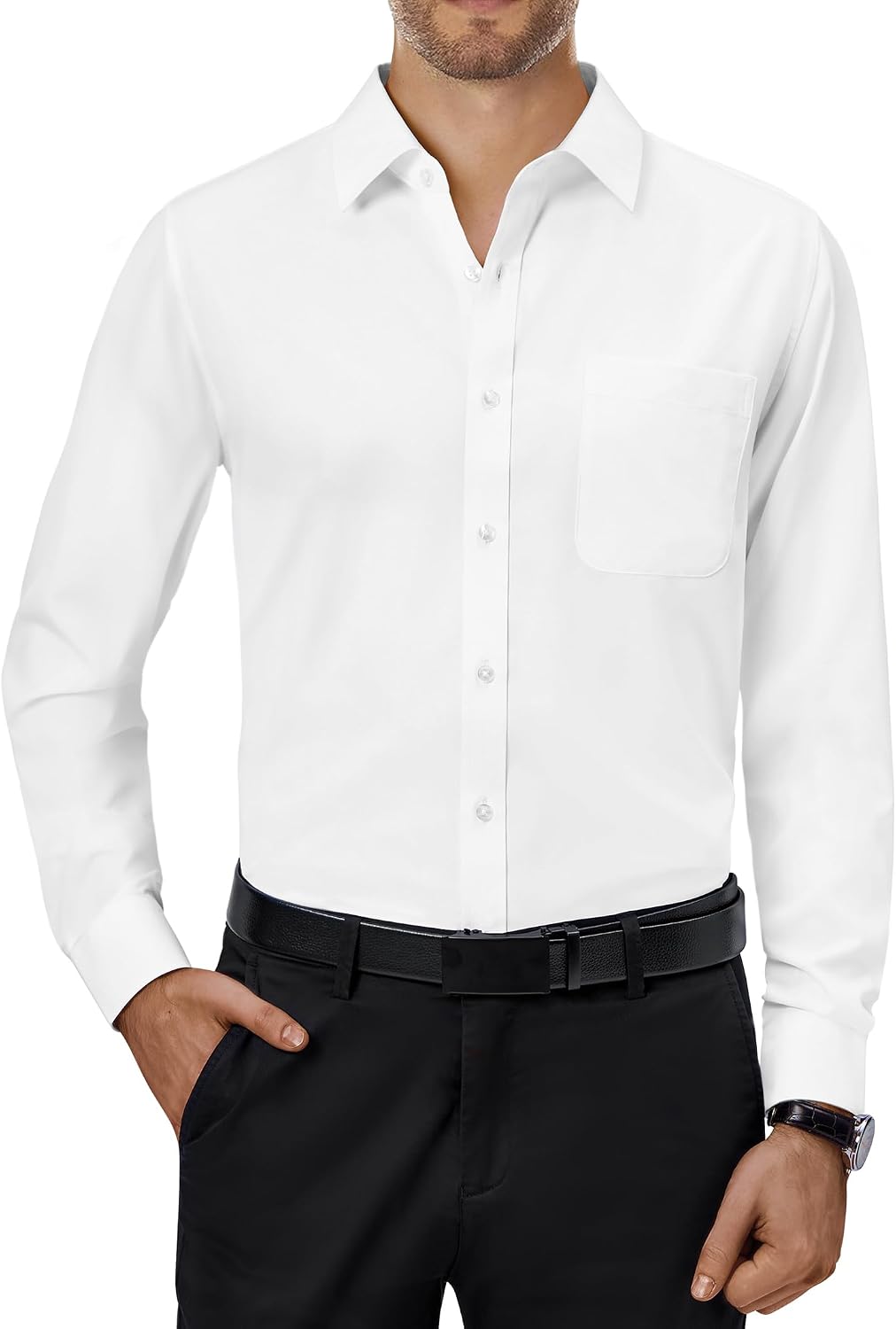 Alimens & Gentle Mens Dress Shirts 4-Way Stretch Long Sleeve Collared Casual Solid Wedding Dating Button Down Shirt