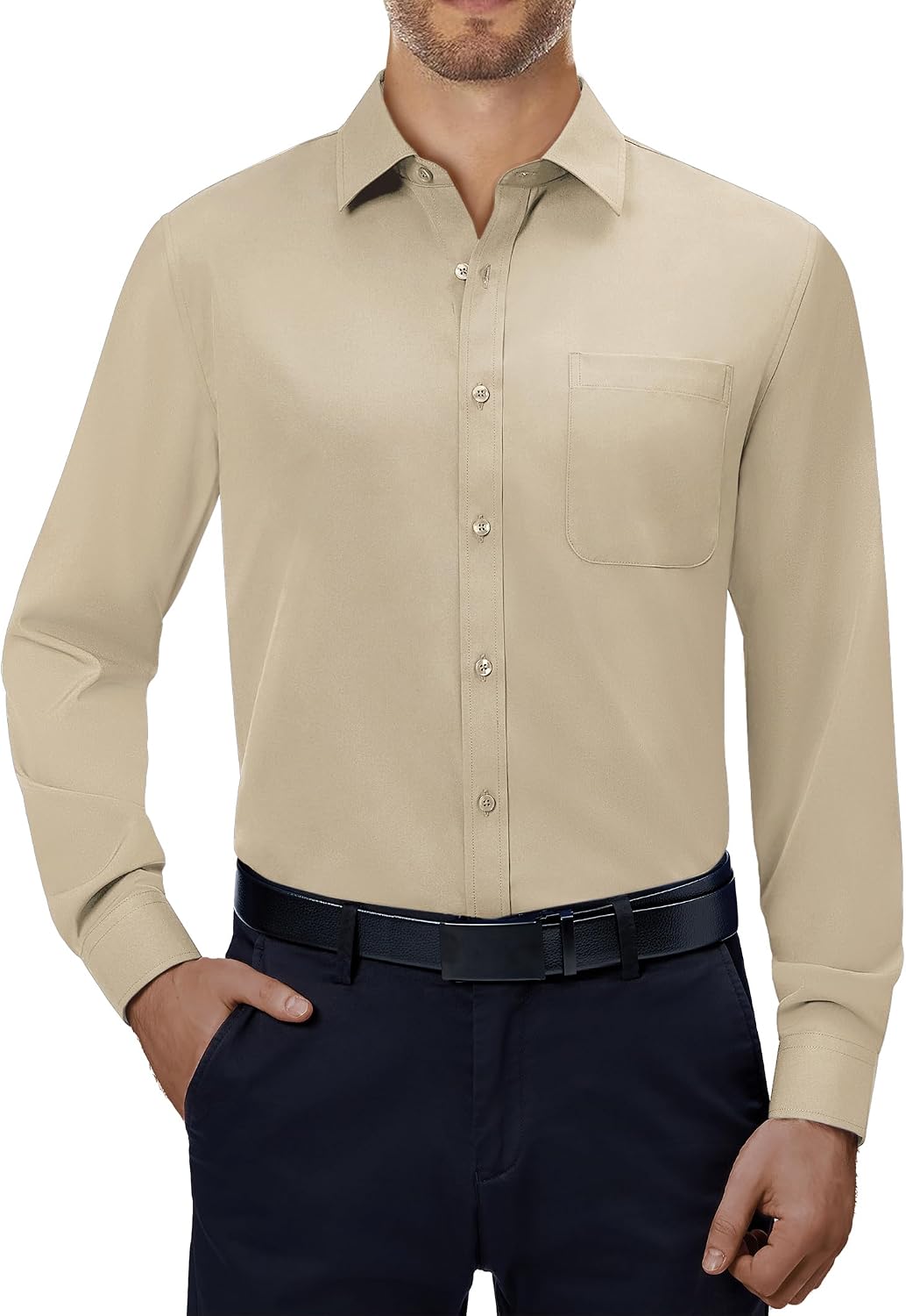 Alimens & Gentle Mens Dress Shirts 4-Way Stretch Long Sleeve Collared Casual Solid Wedding Dating Button Down Shirt