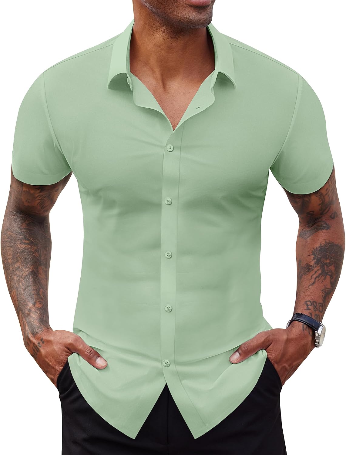 Lion Nardo Stretch Dress Shirts for Men Short Sleeve Slim Fit Casual Button Down Shirts Muscle Fit Men's Dress Shirts