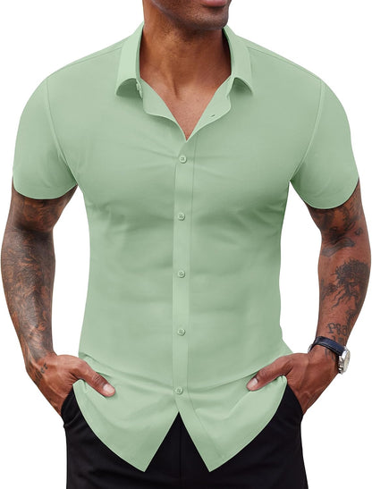 Lion Nardo Stretch Dress Shirts for Men Short Sleeve Slim Fit Casual Button Down Shirts Muscle Fit Men's Dress Shirts