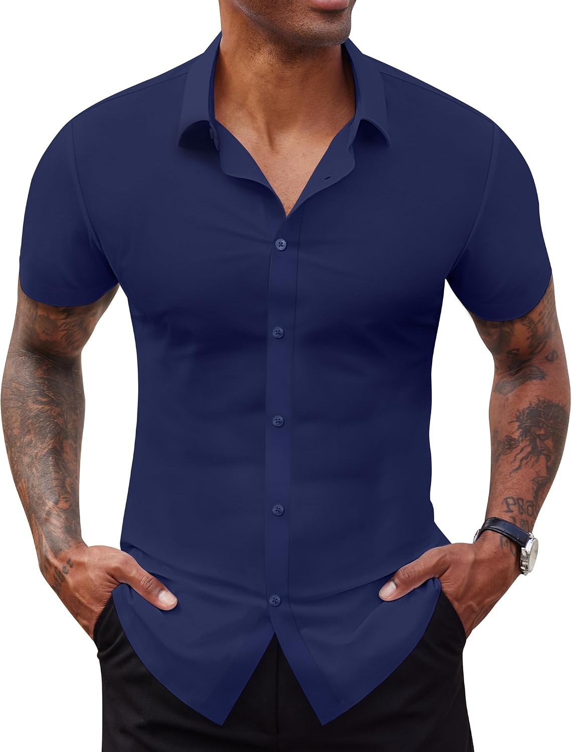 Lion Nardo Stretch Dress Shirts for Men Short Sleeve Slim Fit Casual Button Down Shirts Muscle Fit Men's Dress Shirts