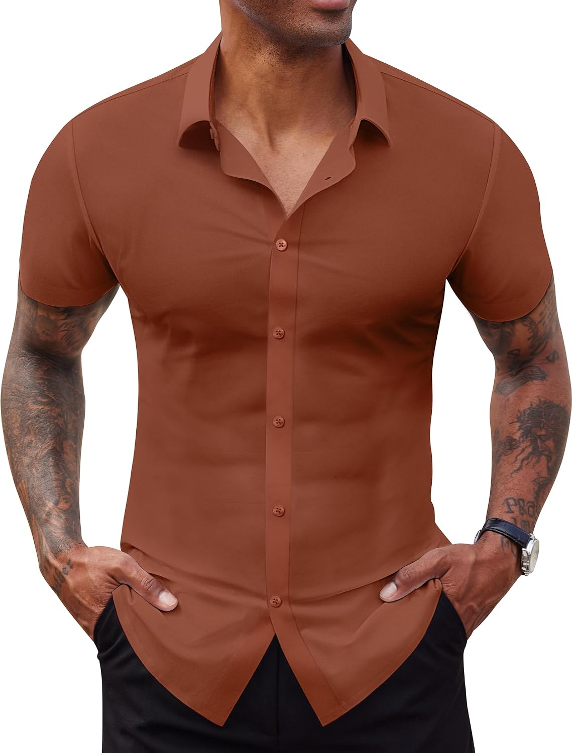 Lion Nardo Stretch Dress Shirts for Men Short Sleeve Slim Fit Casual Button Down Shirts Muscle Fit Men's Dress Shirts