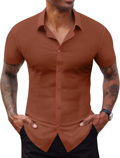 Lion Nardo Stretch Dress Shirts for Men Short Sleeve Slim Fit Casual Button Down Shirts Muscle Fit Men's Dress Shirts