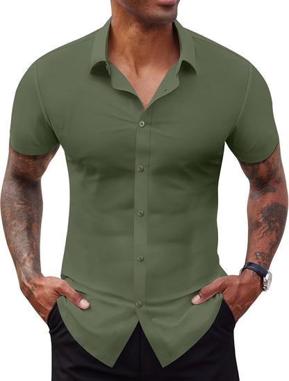 Lion Nardo Stretch Dress Shirts for Men Short Sleeve Slim Fit Casual Button Down Shirts Muscle Fit Men's Dress Shirts