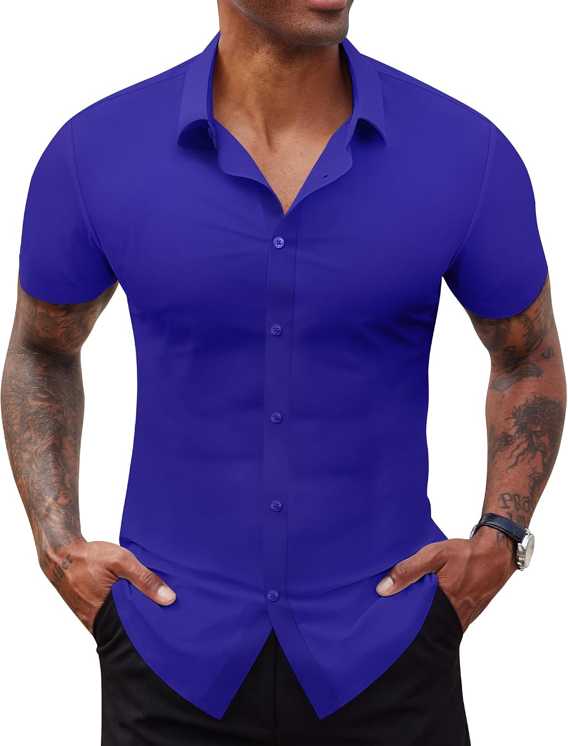 Lion Nardo Stretch Dress Shirts for Men Short Sleeve Slim Fit Casual Button Down Shirts Muscle Fit Men's Dress Shirts