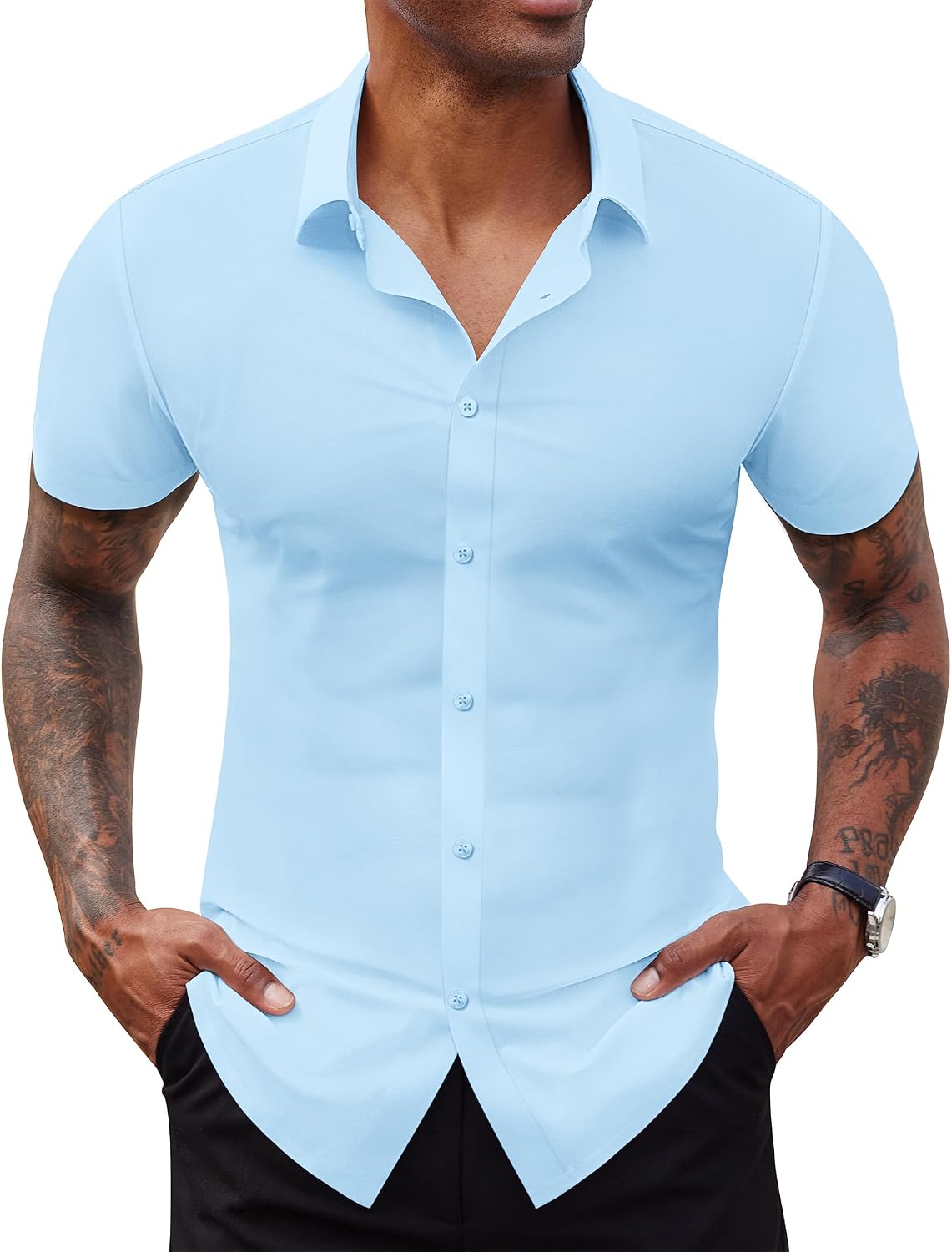 Lion Nardo Stretch Dress Shirts for Men Short Sleeve Slim Fit Casual Button Down Shirts Muscle Fit Men's Dress Shirts