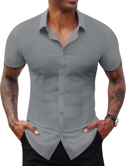Lion Nardo Stretch Dress Shirts for Men Short Sleeve Slim Fit Casual Button Down Shirts Muscle Fit Men's Dress Shirts