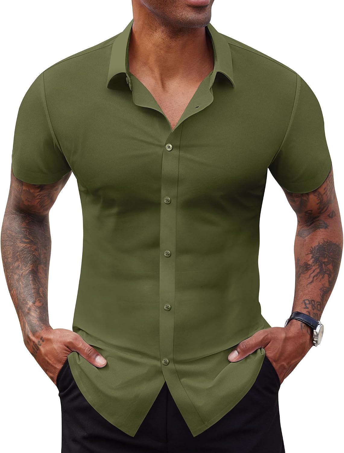 Lion Nardo Stretch Dress Shirts for Men Short Sleeve Slim Fit Casual Button Down Shirts Muscle Fit Men's Dress Shirts