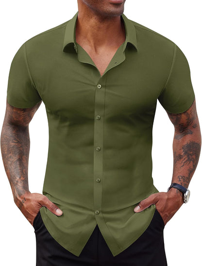 Lion Nardo Stretch Dress Shirts for Men Short Sleeve Slim Fit Casual Button Down Shirts Muscle Fit Men's Dress Shirts