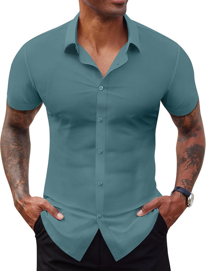 Lion Nardo Stretch Dress Shirts for Men Short Sleeve Slim Fit Casual Button Down Shirts Muscle Fit Men's Dress Shirts