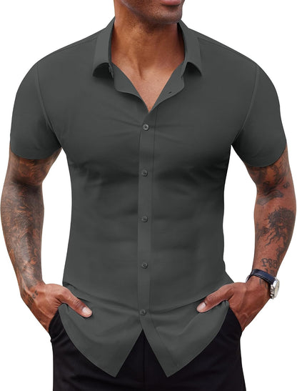 Lion Nardo Stretch Dress Shirts for Men Short Sleeve Slim Fit Casual Button Down Shirts Muscle Fit Men's Dress Shirts