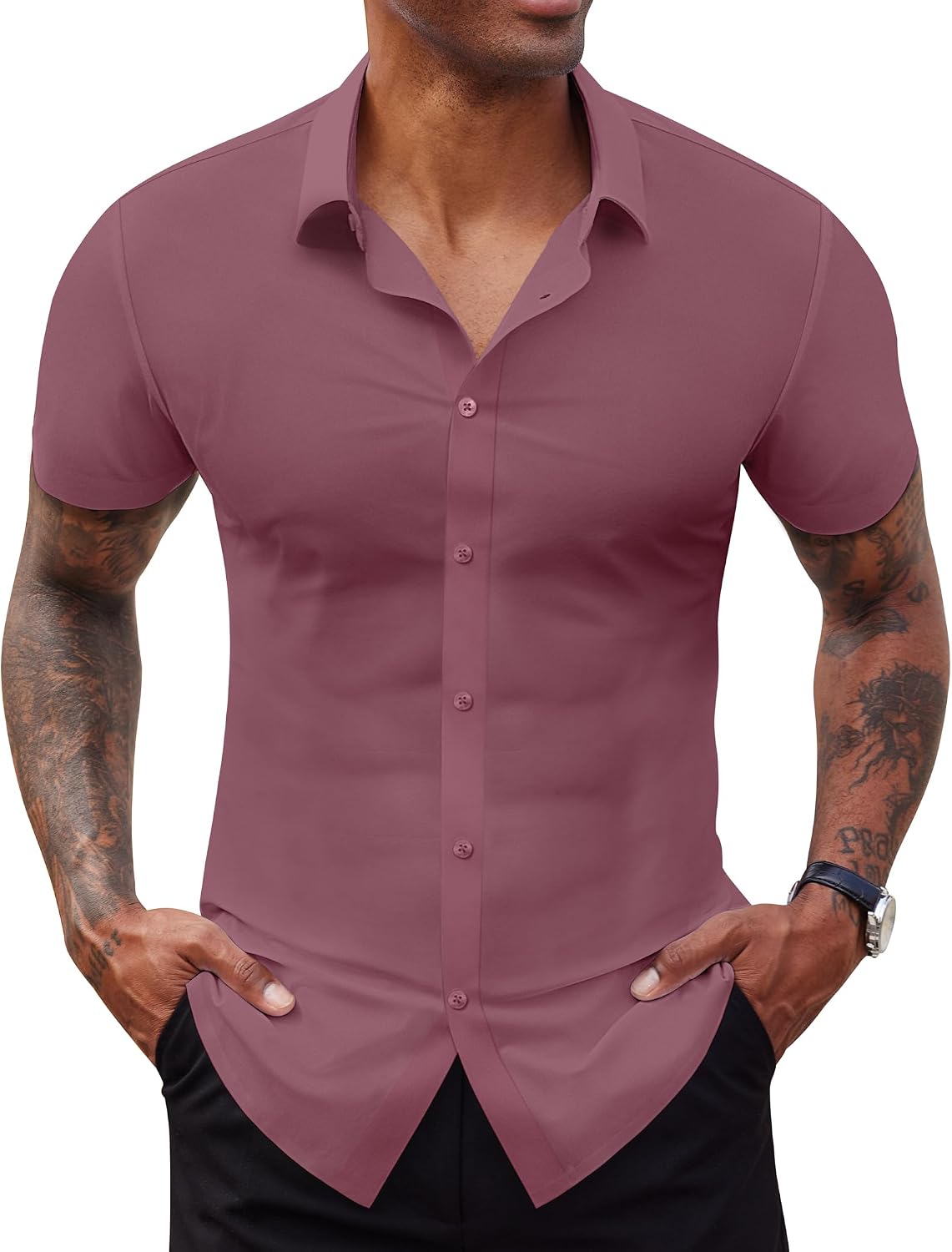 Lion Nardo Stretch Dress Shirts for Men Short Sleeve Slim Fit Casual Button Down Shirts Muscle Fit Men's Dress Shirts