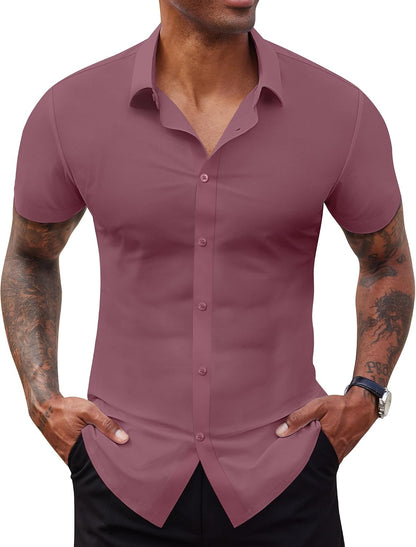 Lion Nardo Stretch Dress Shirts for Men Short Sleeve Slim Fit Casual Button Down Shirts Muscle Fit Men's Dress Shirts