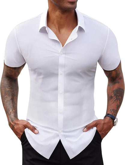 Lion Nardo Stretch Dress Shirts for Men Short Sleeve Slim Fit Casual Button Down Shirts Muscle Fit Men's Dress Shirts