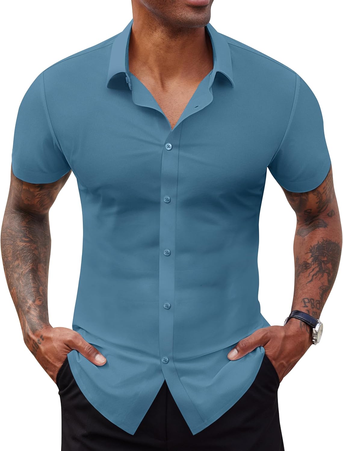 Lion Nardo Stretch Dress Shirts for Men Short Sleeve Slim Fit Casual Button Down Shirts Muscle Fit Men's Dress Shirts