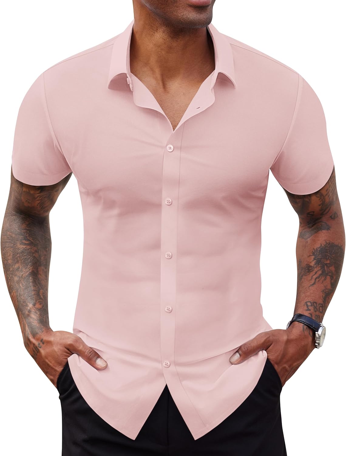 Lion Nardo Stretch Dress Shirts for Men Short Sleeve Slim Fit Casual Button Down Shirts Muscle Fit Men's Dress Shirts
