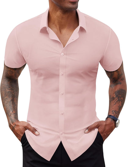 Lion Nardo Stretch Dress Shirts for Men Short Sleeve Slim Fit Casual Button Down Shirts Muscle Fit Men's Dress Shirts