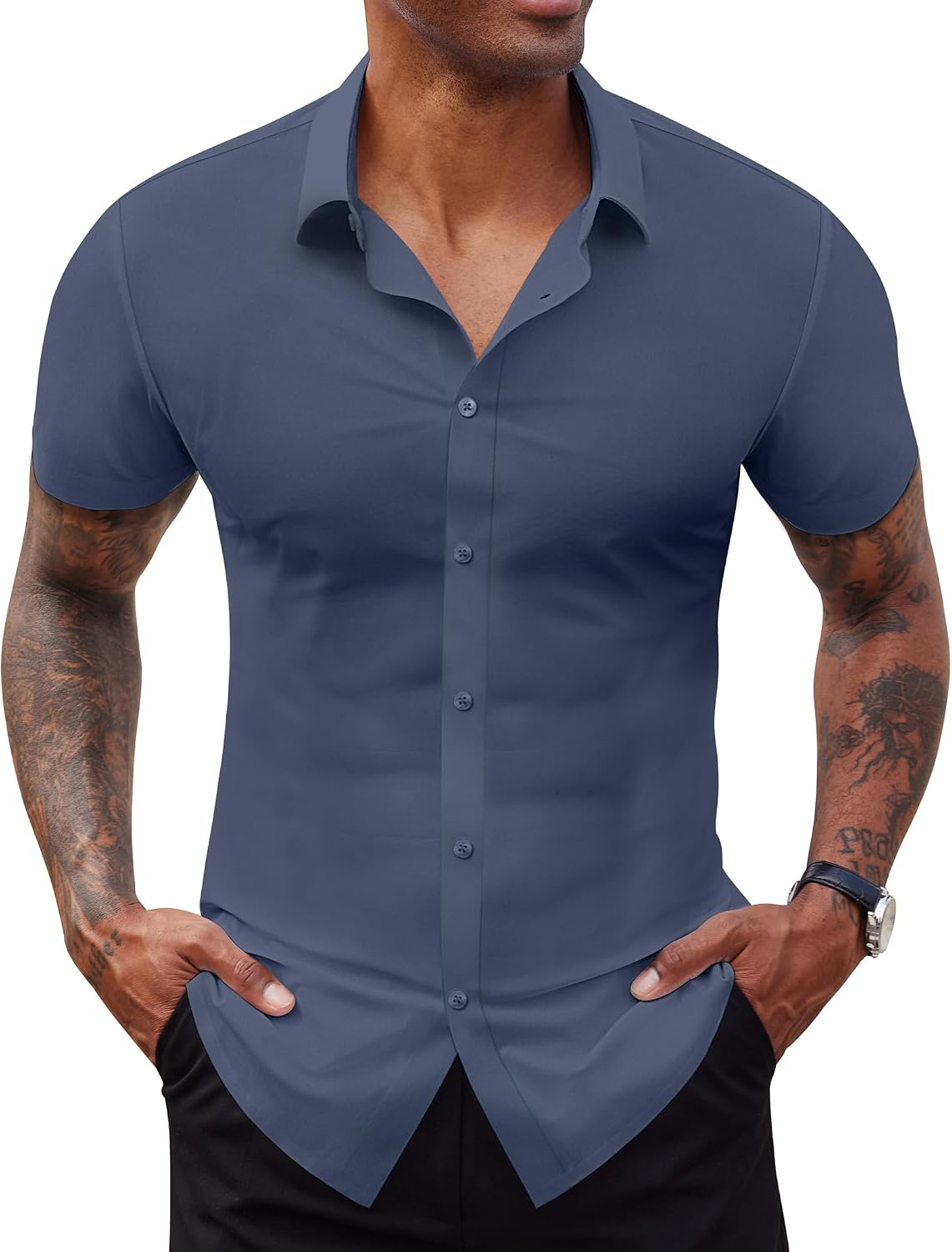 Lion Nardo Stretch Dress Shirts for Men Short Sleeve Slim Fit Casual Button Down Shirts Muscle Fit Men's Dress Shirts