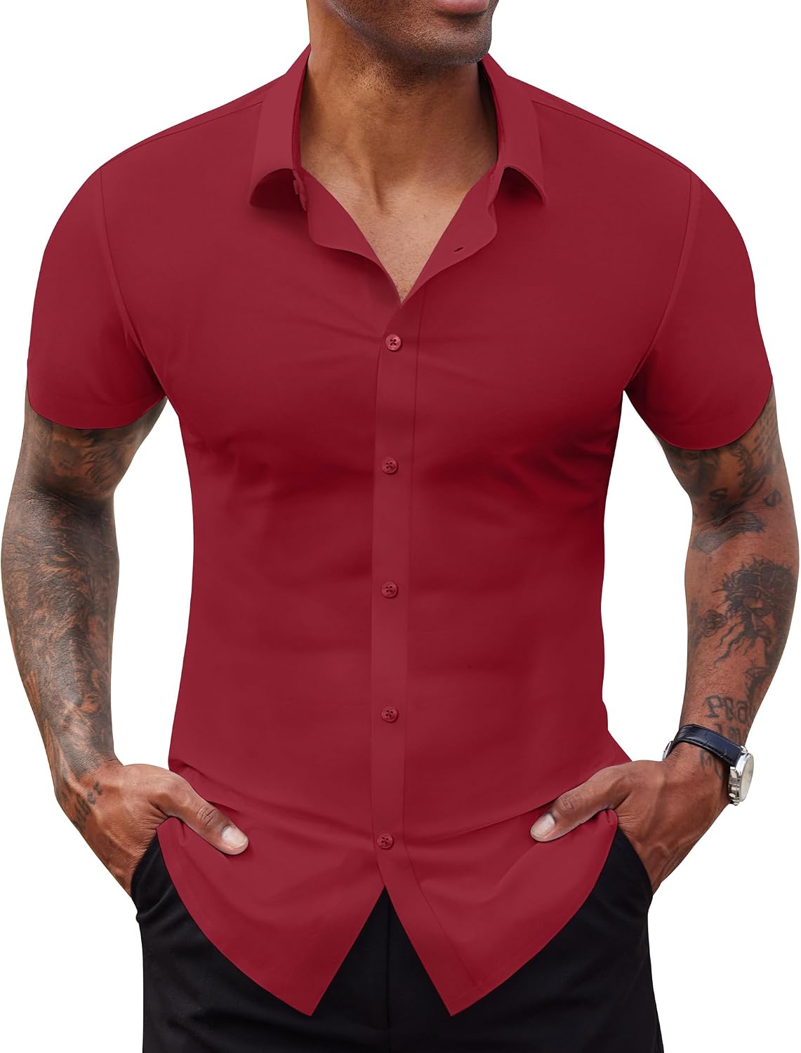 Lion Nardo Stretch Dress Shirts for Men Short Sleeve Slim Fit Casual Button Down Shirts Muscle Fit Men's Dress Shirts