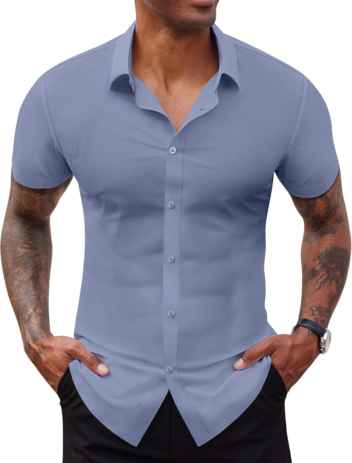 Lion Nardo Stretch Dress Shirts for Men Short Sleeve Slim Fit Casual Button Down Shirts Muscle Fit Men's Dress Shirts